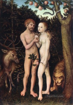 Classic Nude Painting - Adam And Eve 1533 religious Lucas Cranach the Elder nude